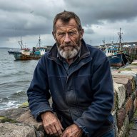 Portrait of a weathered older man in a navy fleece on a harbour wall