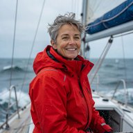Portrait of a woman with short grey hair wearing a red sailing jacket, smiling into the wind