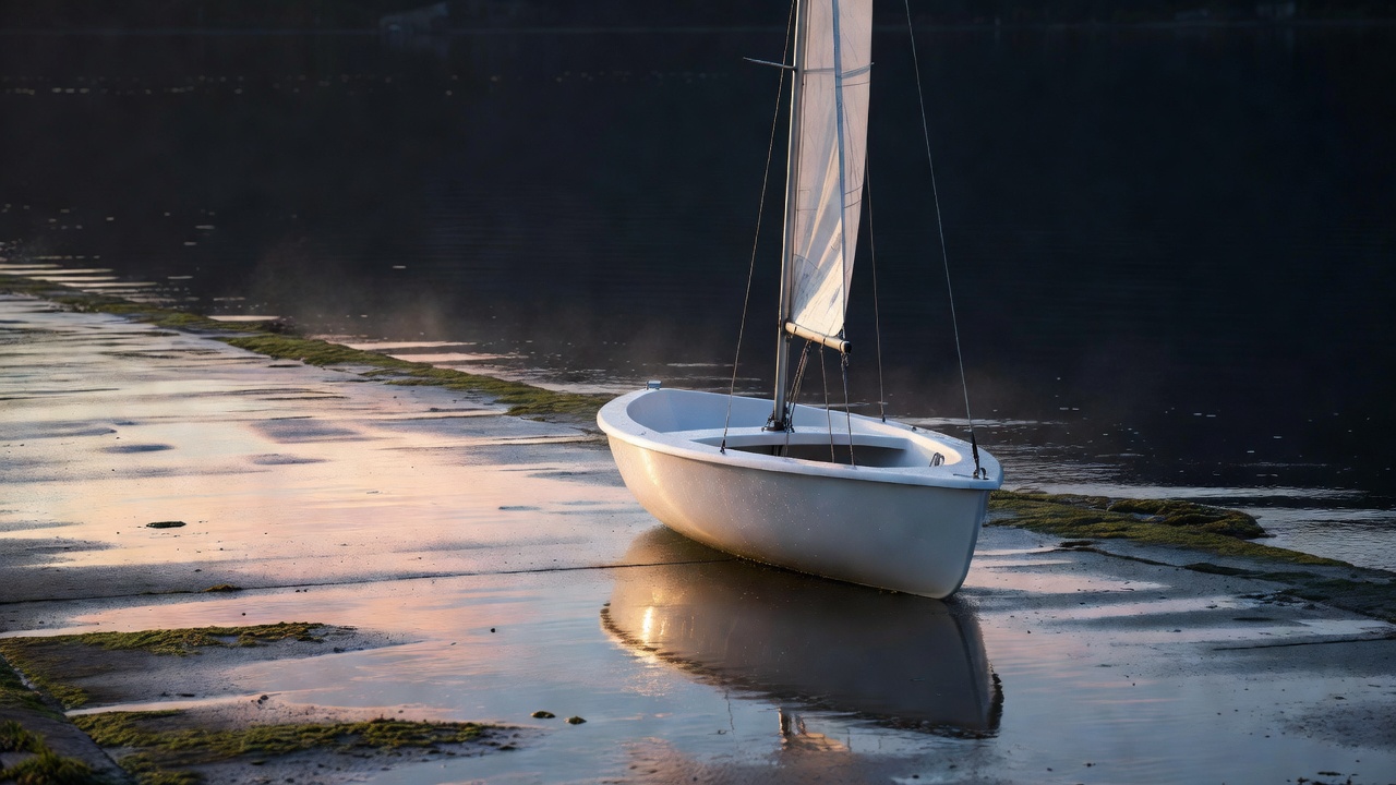 A white single-handed dinghy on a wet slipway at dawn with its sail half hoisted and dark water behind