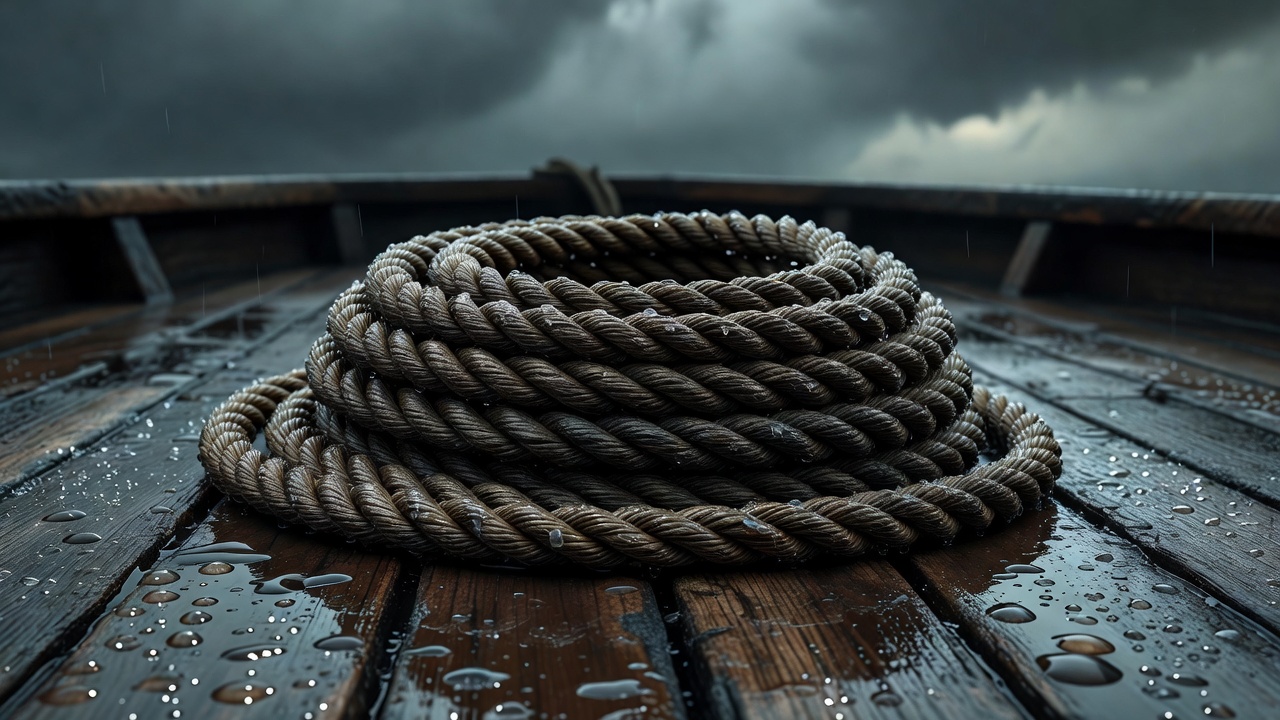 A thick mooring rope coiled neatly on dark, rain-soaked wooden decking with droplets catching the light